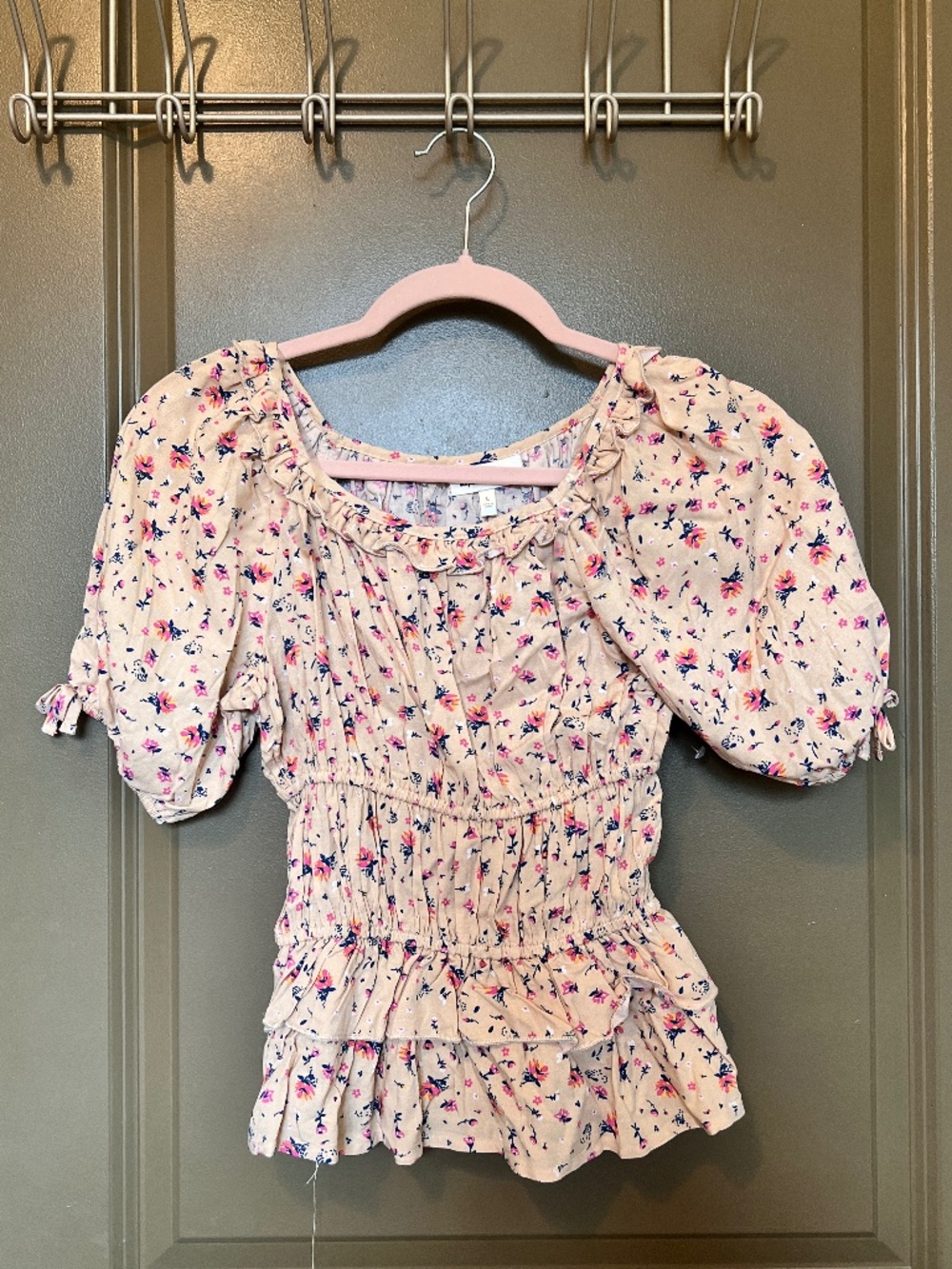 Floral Ruffle Peplum Top, Tan Multi